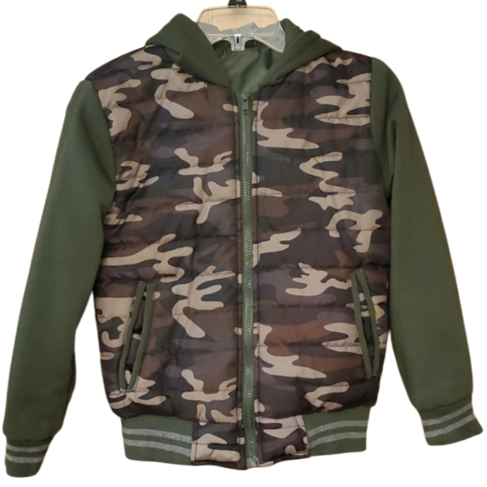Ring of Fire Boys Size 10-12 Olive Green Camo Padded Hooded Zip Jacket